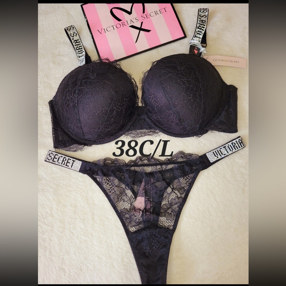 Victoria’s Secret black bra and panties set with crystals. NWT. Size 38C and L